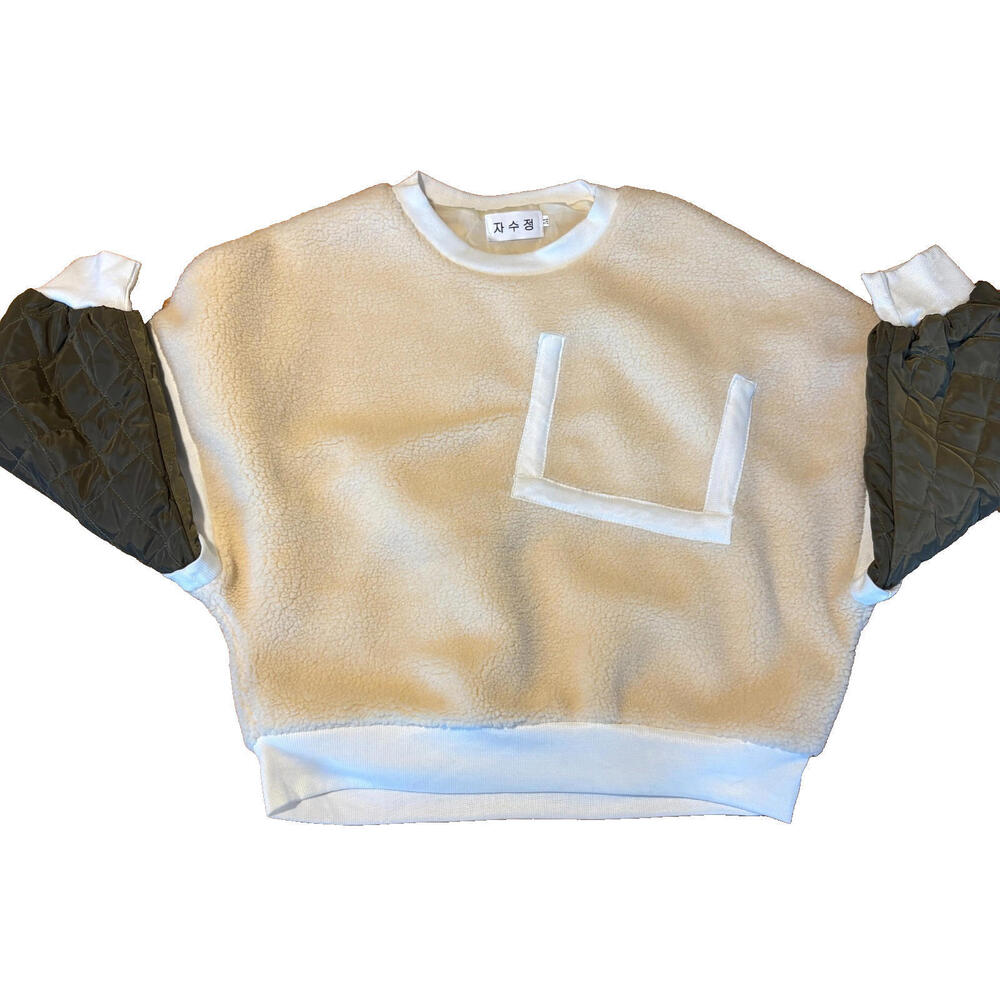Womens Fleece Sweatshirt Size M Cream Quilted Sleeve Oversized Retro Top Y2K Box